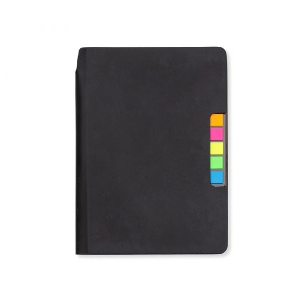 Caderno Couro Sintético Preto, post it Brinde personalizado